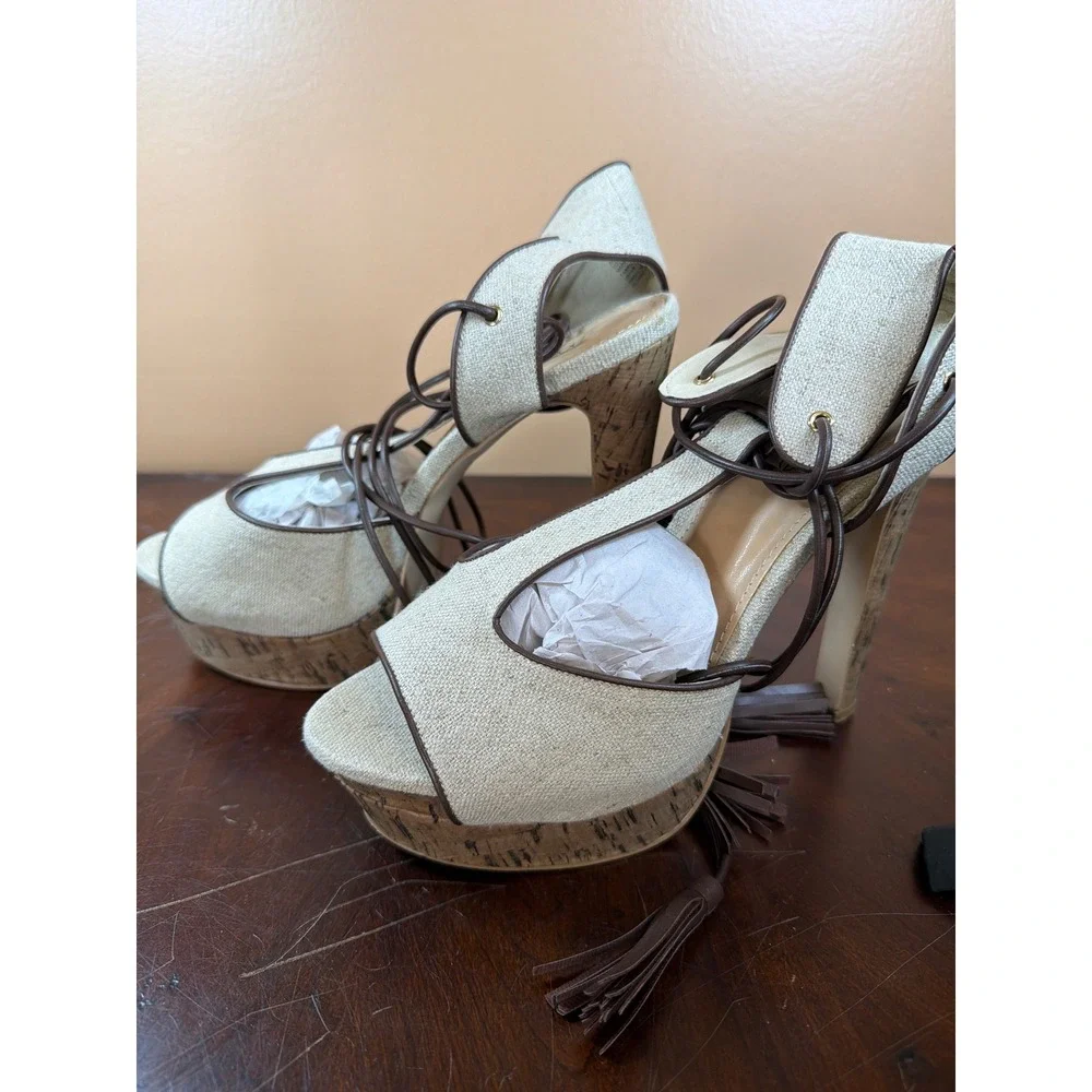ShoeDazzle Linen Lace Up Tassel Platform Sandals Cork Stiletto‎ Heels Neutral 10